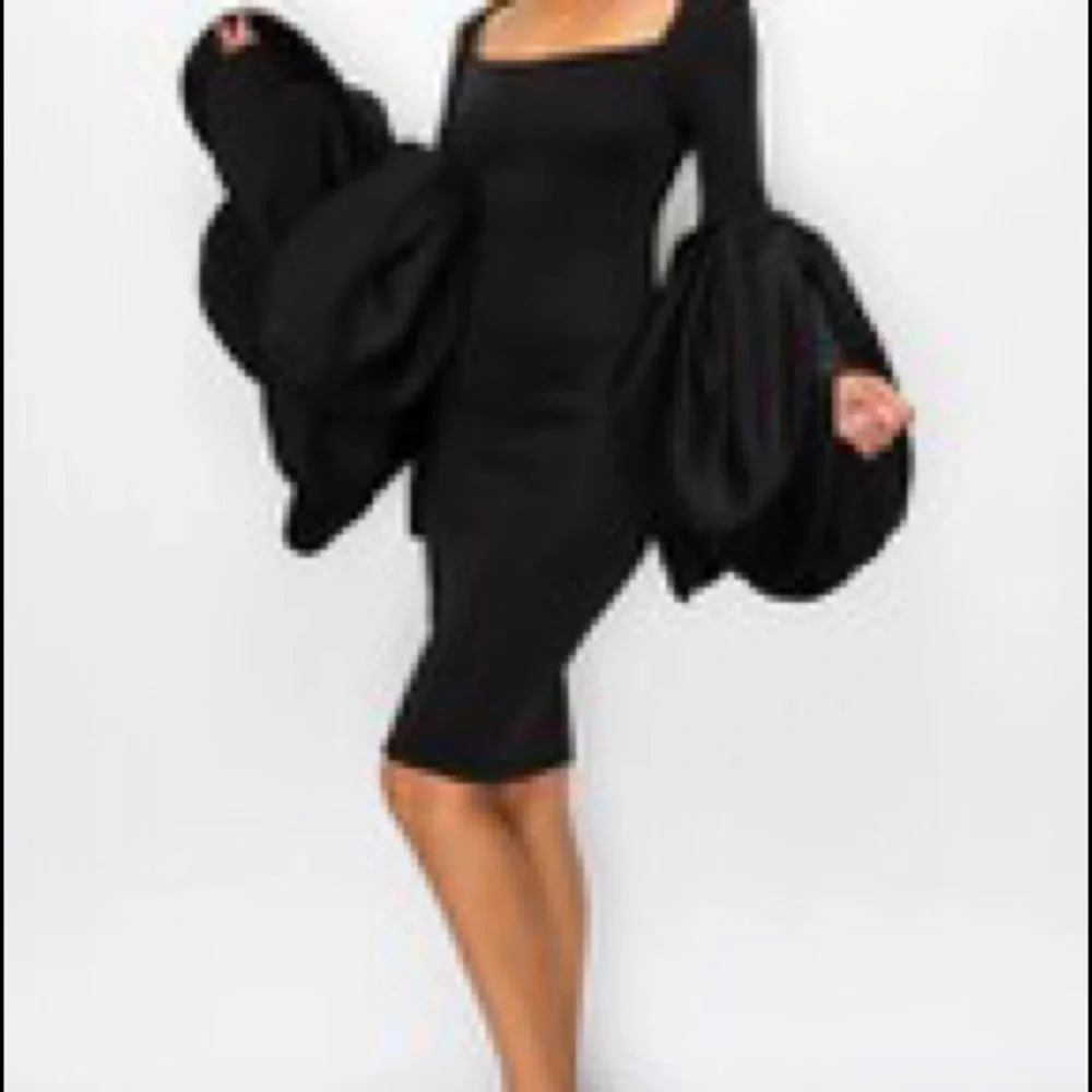 COPY - Last One! Black Peplum Sleeve MIDI Dress - Picture 2 of 3